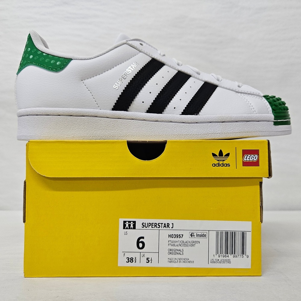 Adidas Superstar J LEGO Sneakers H03957 White Black Green Kid's Size 6‎
